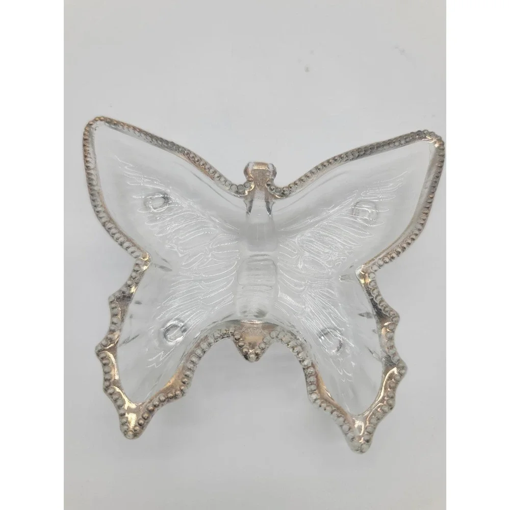 Vintage Glass Butterfly Trinket Cigarette Box /Card Set Gold Trim Vanity 3pc‎